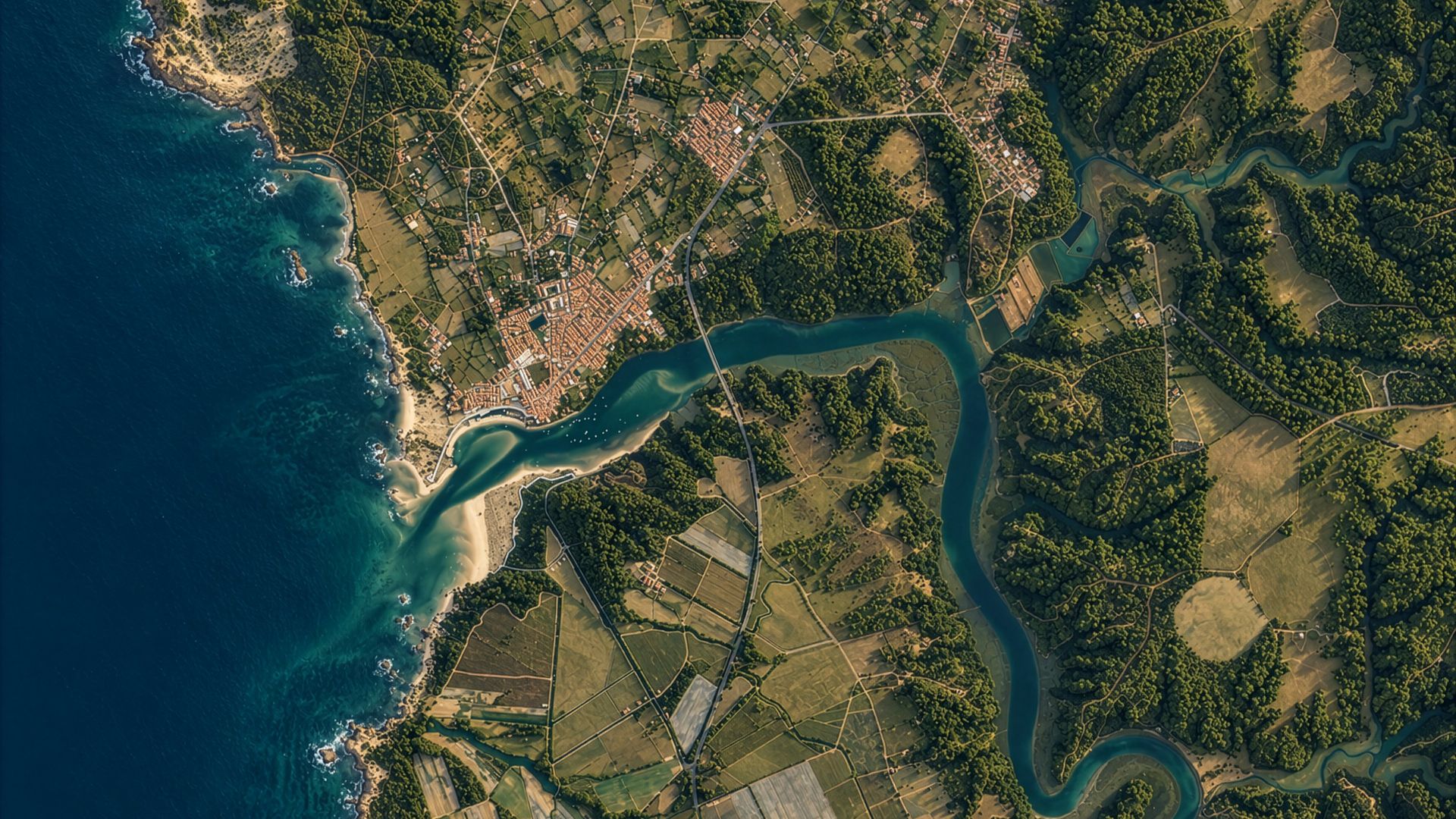 Vista aérea de uma vila costeira atravessada por um rio que desagua no mar, entre floresta e campos agrícolas.